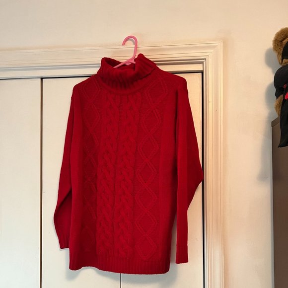 Jenny Brand Red Turtleneck Sweater - Large - Cable Knit Front - Picture 1 of 5